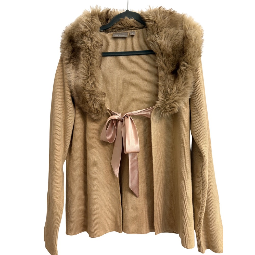 Cardigan XL Tan Faux Fur, Ribbon, Knit, Party, Winter, Elegant Croft & Barrow
